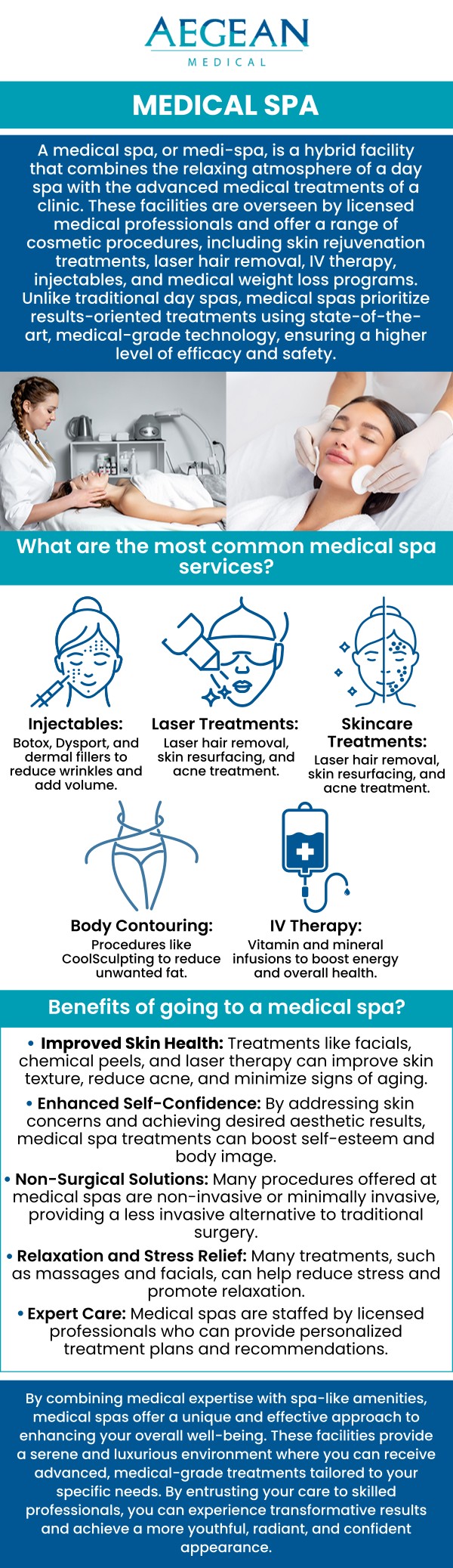 Trust Aegean Medical for your next med spa experience! We offer services such as facials, skin tightening treatments, microneedling, and more. Our dedicated medical staff have the tools to help you be the best version of yourself. Contact us or visit us online to book an appointment. Our medspa is located at 2111 Neuse Blvd, Suite J, New Bern, NC 28560.